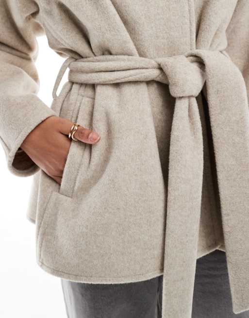 ASOS DESIGN belted collarless formal coat in oatmeal