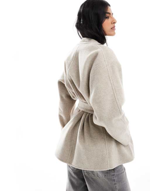 ASOS DESIGN belted collarless formal coat in oatmeal