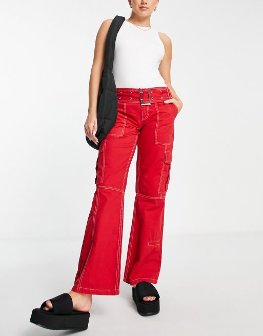 ASOS DESIGN belted combat flare pants in red with contrast stitch