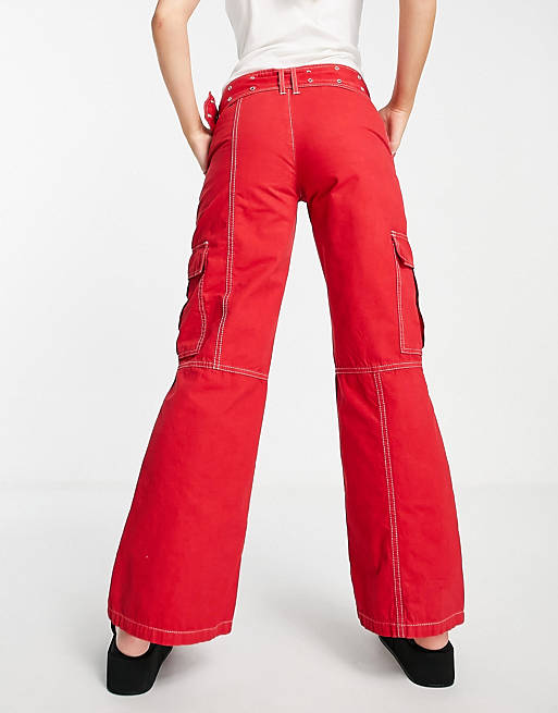 ASOS DESIGN belted combat flare pants in red with contrast stitch