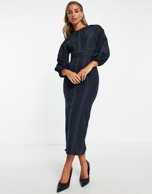 Lace Collar Puff Sleeve Grid Dress in Navy