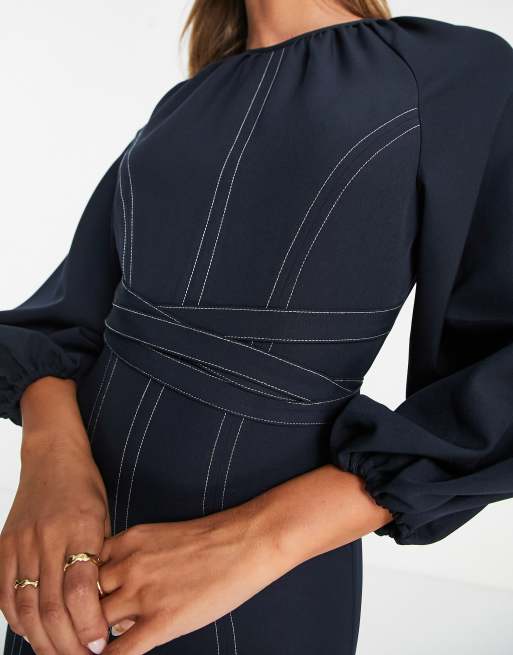 ASOS DESIGN belted contrast stitch puff sleeve midi dress in navy | ASOS