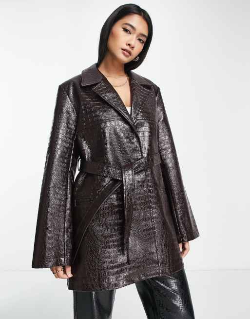 ASOS DESIGN + Dark Brown Croc trench Coat