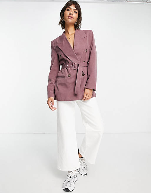 ASOS DESIGN belted double breasted blazer with peaked collar in dusty pink