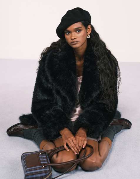 ASOS DESIGN belted faux fur coat in black - view 1
