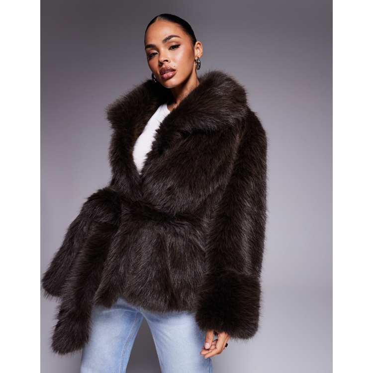 ASOS DESIGN belted faux fur coat in mocha | ASOS