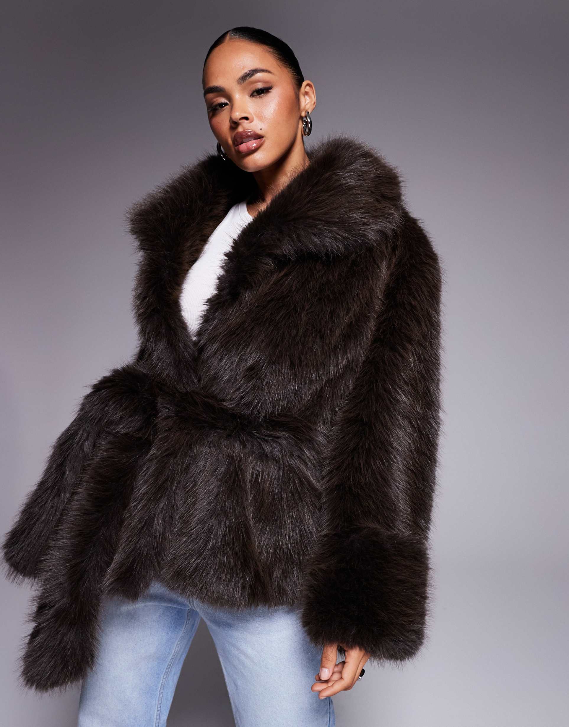 asos design belted faux fur coat in mocha
