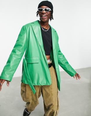 Asos Design Belted Faux Leather Blazer In Green