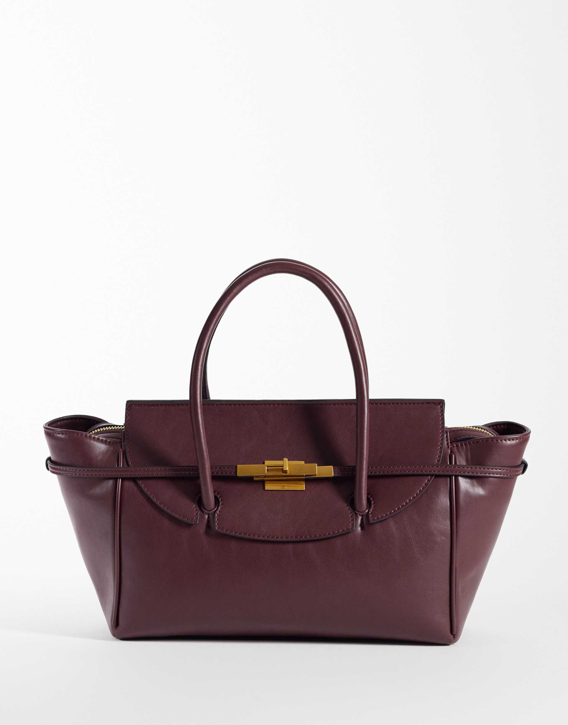 asos design belted hardware grab handle tote in burgundy