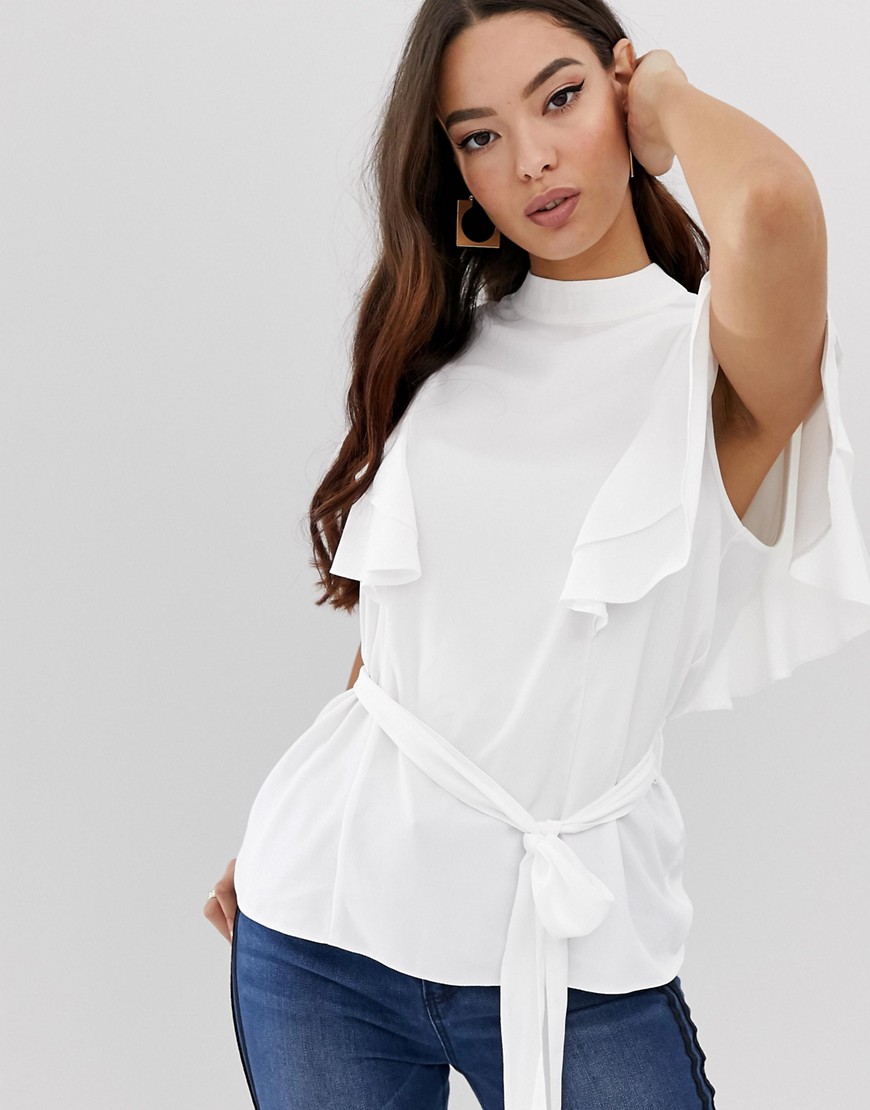 ASOS DESIGN belted high neck top with ruffle sleeves-White