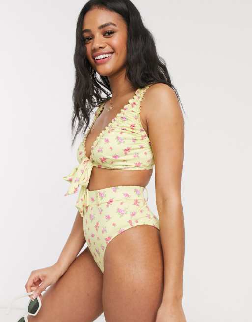 ASOS DESIGN fuller bust underwired belted swimsuit in yellow ditsy floral  print