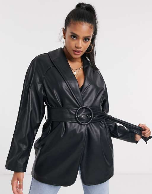 ASOS DESIGN belted leather look jacket in black