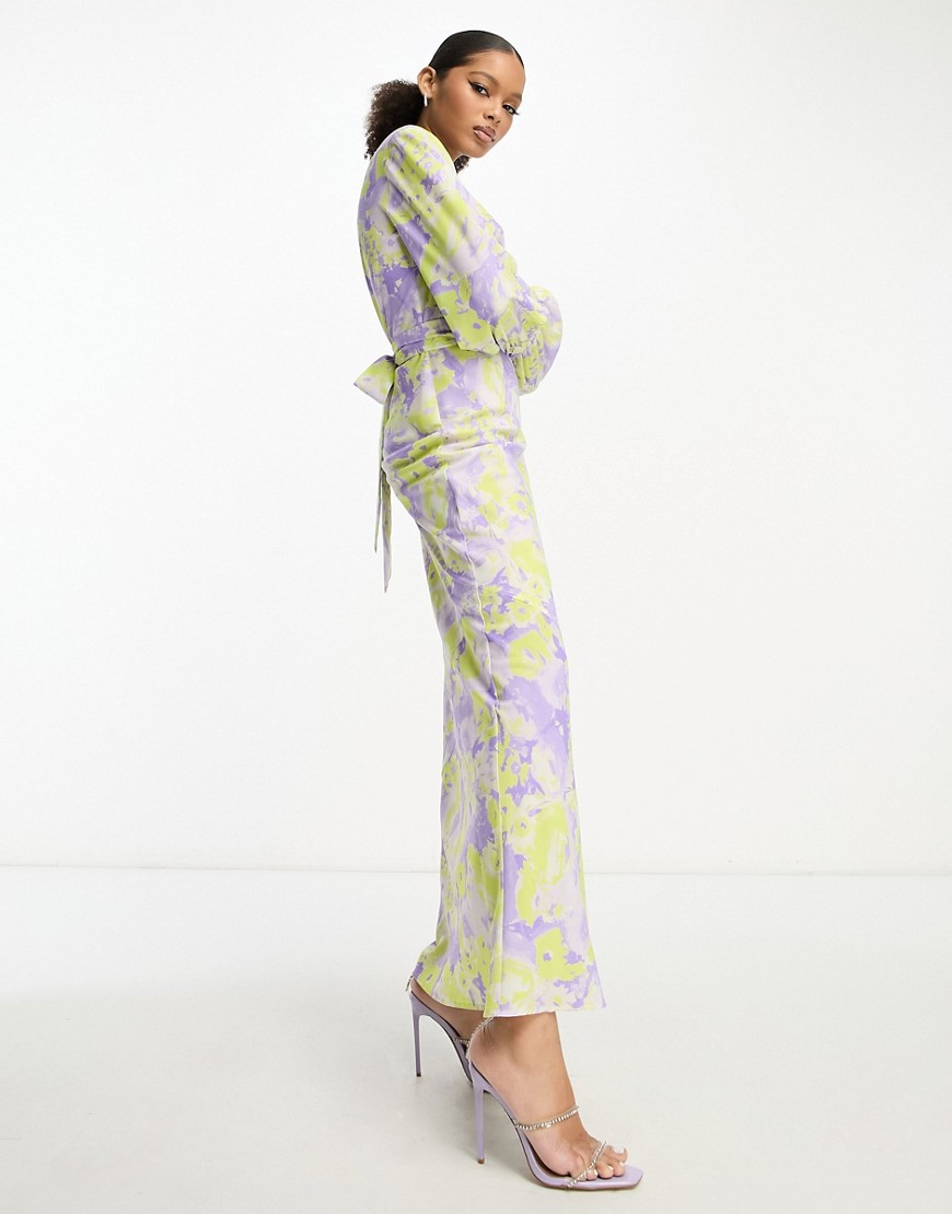 ASOS DESIGN belted maxi dress in lilac and yellow floral print-Multi