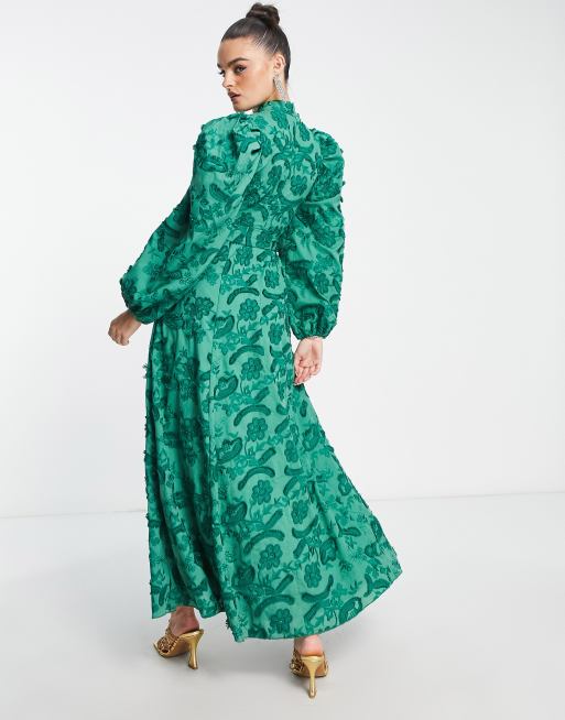 ASOS DESIGN belted maxi skater dress in textured jacquard in green , 2 of 4