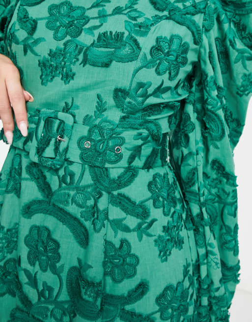 ASOS DESIGN belted maxi skater dress in textured jacquard in green | ASOS