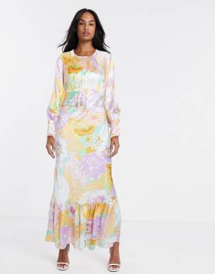 ASOS DESIGN belted maxi tea dress with balloon sleeves in floral print ...