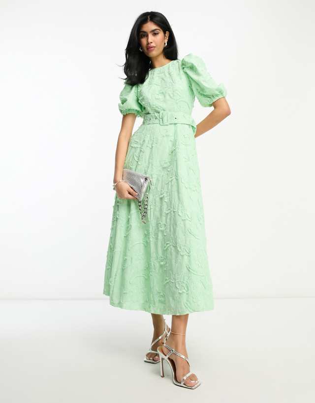 ASOS DESIGN - belted midi skater dress in textured jacquard in apple green