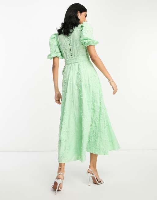 ASOS DESIGN belted midi skater dress in textured jacquard in apple green, 3 of 4
