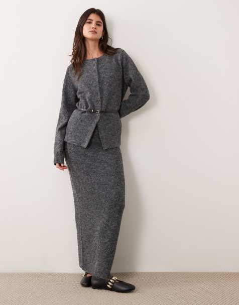 ASOS DESIGN belted midi skirt in charcoal - part of a set - view 1