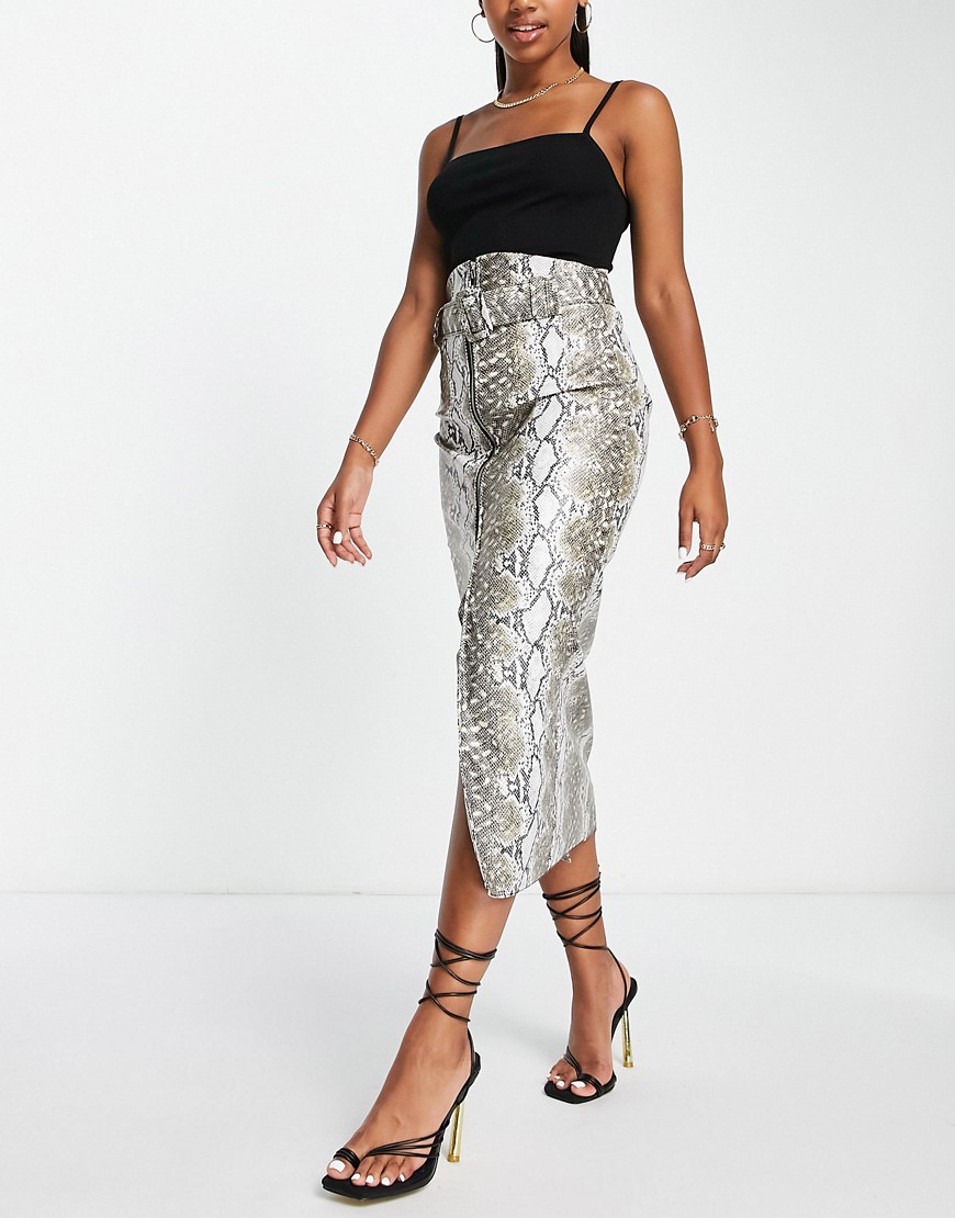 ASOS DESIGN belted midi skirt with zip detail in snake print-Multi