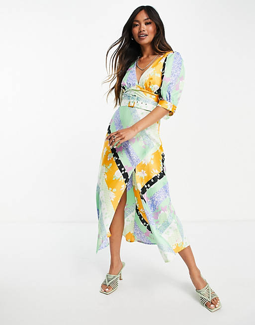 Women belted midi tea dress in mixed floral print 