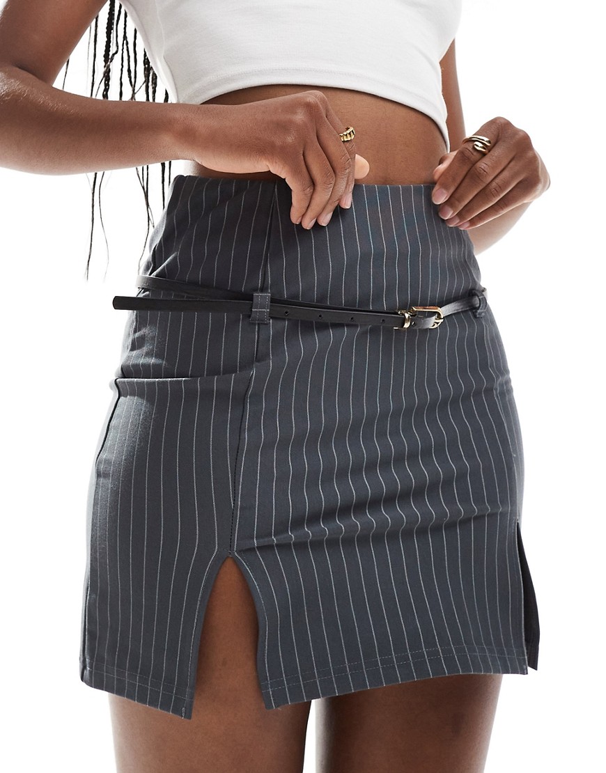 ASOS DESIGN belted mini skirt with belt in pinstripe-Multi