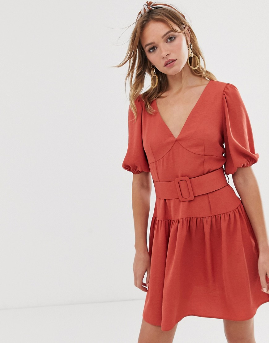 ASOS DESIGN belted mini tea dress with puff sleeve-Red