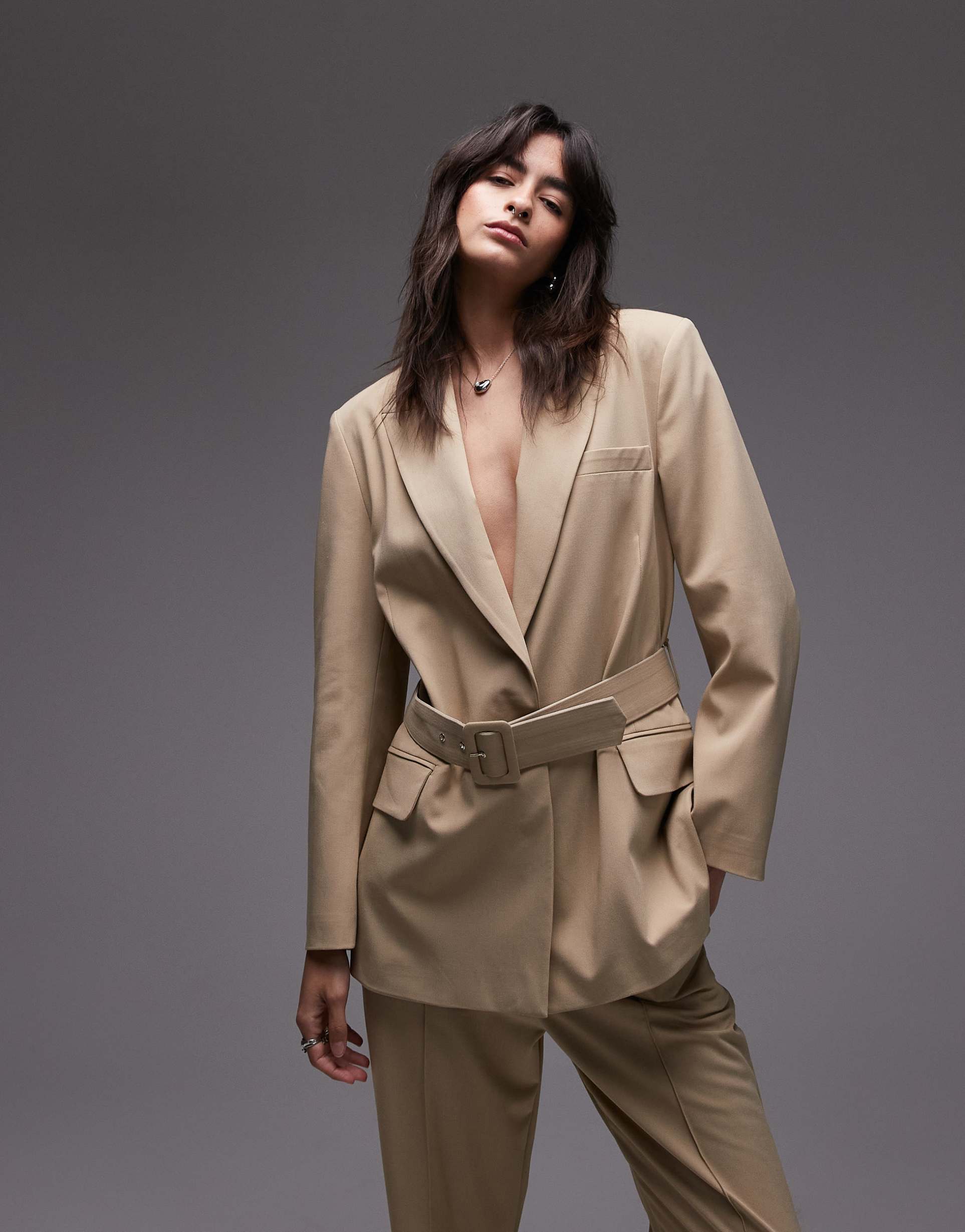 asos design belted oversized blazer in light camel