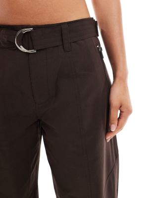 Asos Design Belted Paneled Laundered Utility Pants With Zip Detail In Brown