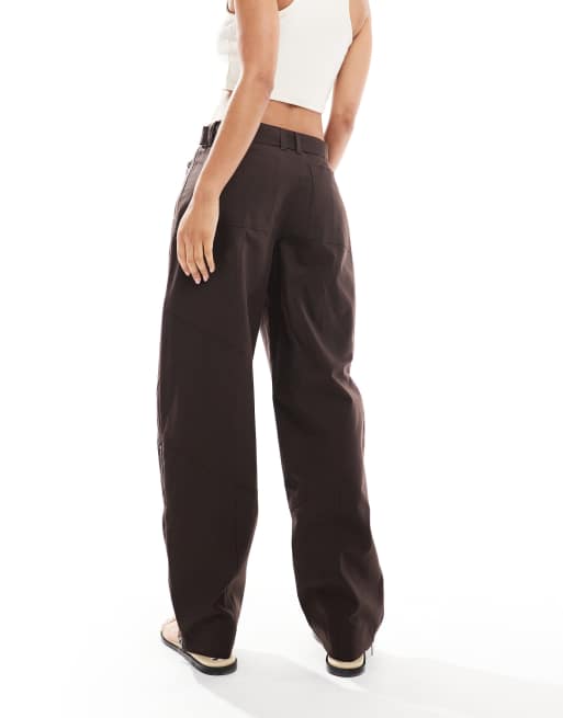 ASOS DESIGN belted paneled laundered utility pants with zip detail in chocolate