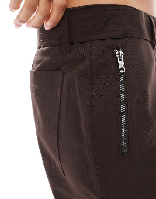 ASOS DESIGN belted paneled laundered utility pants with zip detail in chocolate