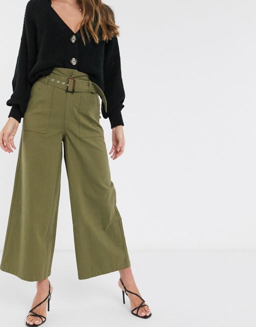 ASOS DESIGN belted pants with paperbag waist in green washed cotton | ASOS