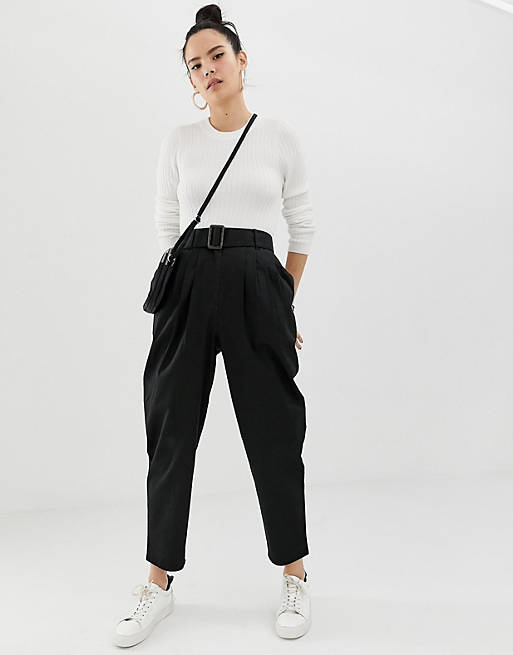 ASOS DESIGN belted peg trousers with tortoiseshell buckle