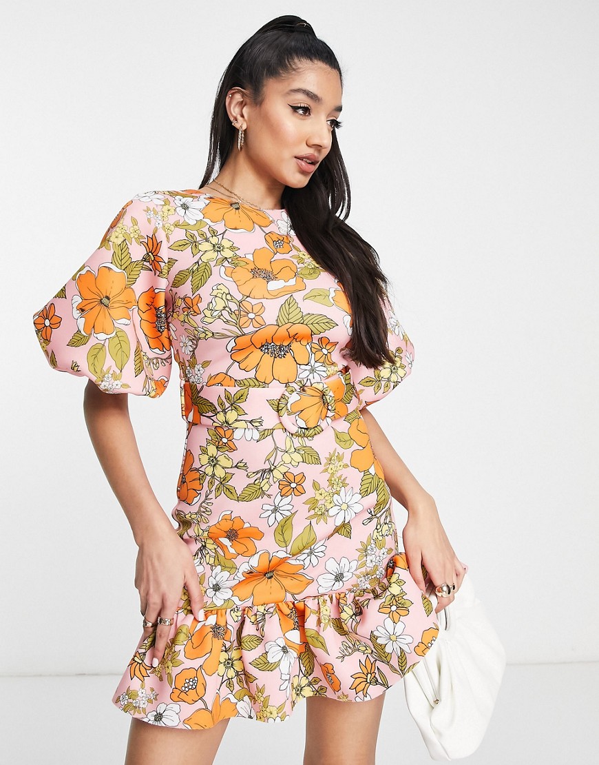 ASOS DESIGN belted peplum mini tiered dress in retro floral print-Multi