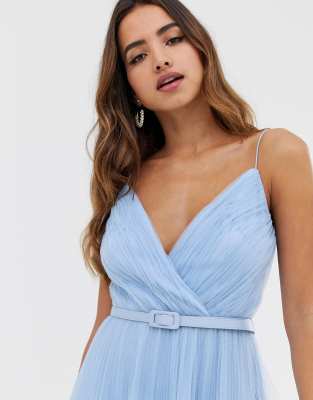 asos design belted pleated tulle cami midi dress