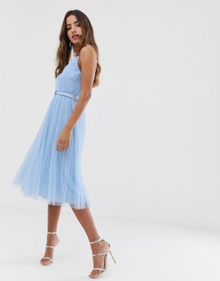 asos design belted pleated tulle cami midi dress