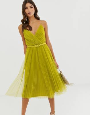 asos design belted pleated tulle cami midi dress