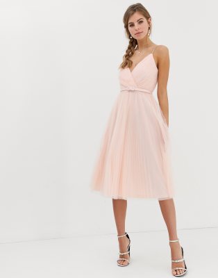 asos design belted pleated tulle cami midi dress