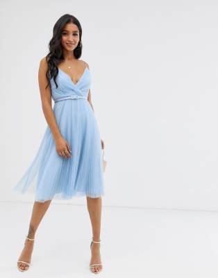 ASOS DESIGN belted pleated tulle cami midi dress-Blue