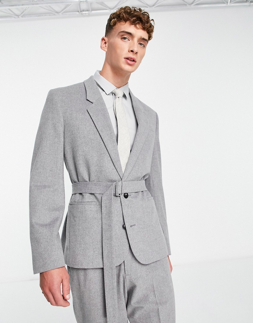 ASOS DESIGN belted power shoulder suit jacket in gray brushed flannel