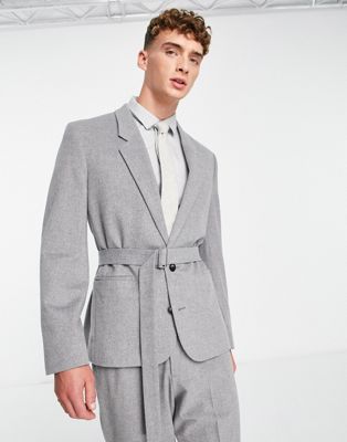ASOS DESIGN belted power shoulder suit jacket in grey brushed flannel