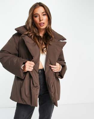 Asos Design Belted Puffer Jacket In Brown