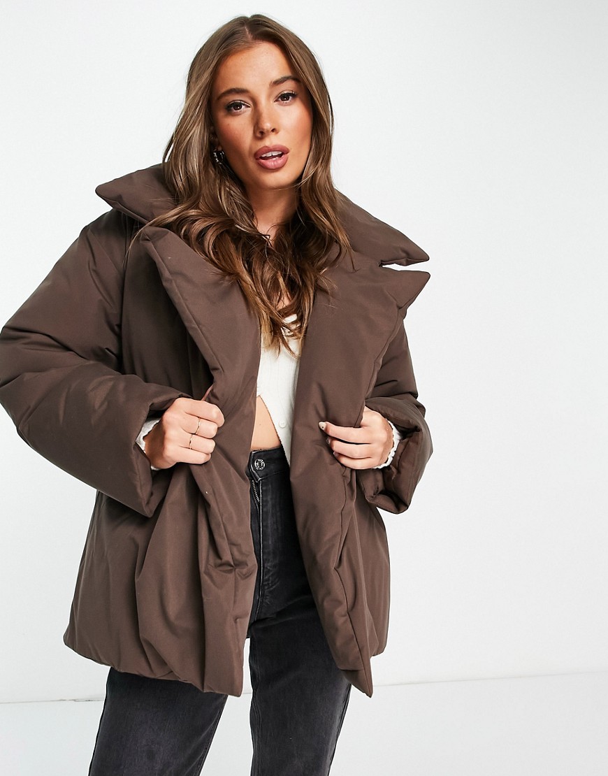 ASOS DESIGN belted puffer jacket in brown