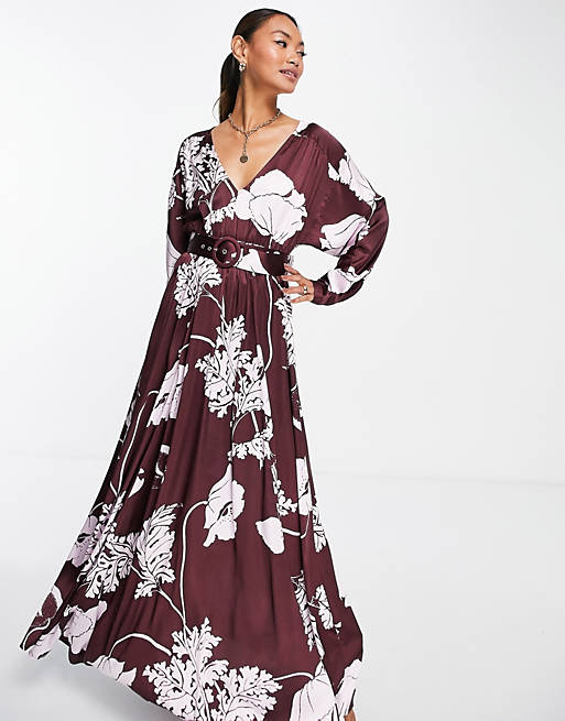  belted satin batwing maxi tea dress in oversized purple contrast floral 