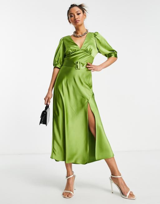 ASOS DESIGN belted satin midi tea dress in green | ASOS