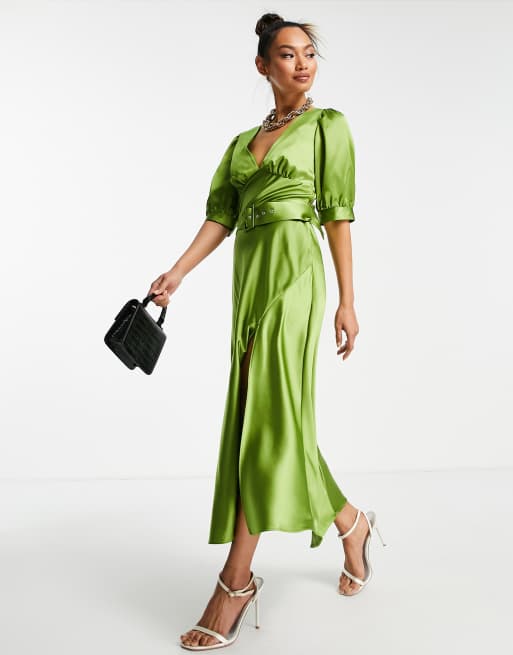 ASOS DESIGN belted satin midi tea dress in green