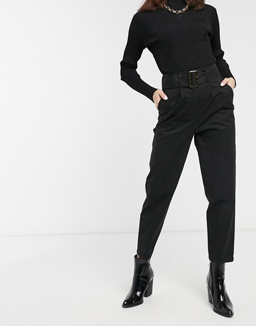 ASOS DESIGN belted single pleat peg trousers with tortoiseshell buckle in black