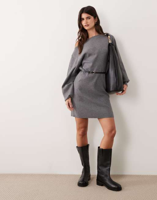 black and grey sweater dress ASOS DESIGN belted slash neck in charcoal Dance Wear Mock Neck Color:Noir V-Neck Wedding Dresses |