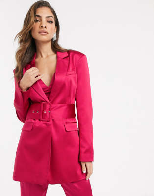 Asos Design Belted Suit Blazer In Satin-pink | ModeSens