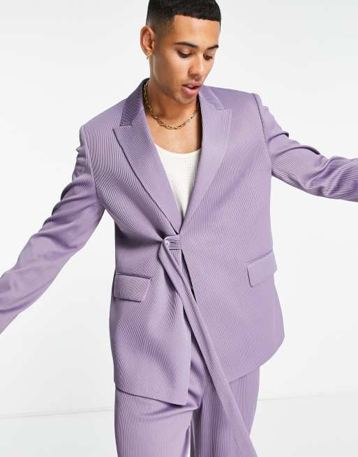 ASOS DESIGN belted suit jacket in lavender plisse